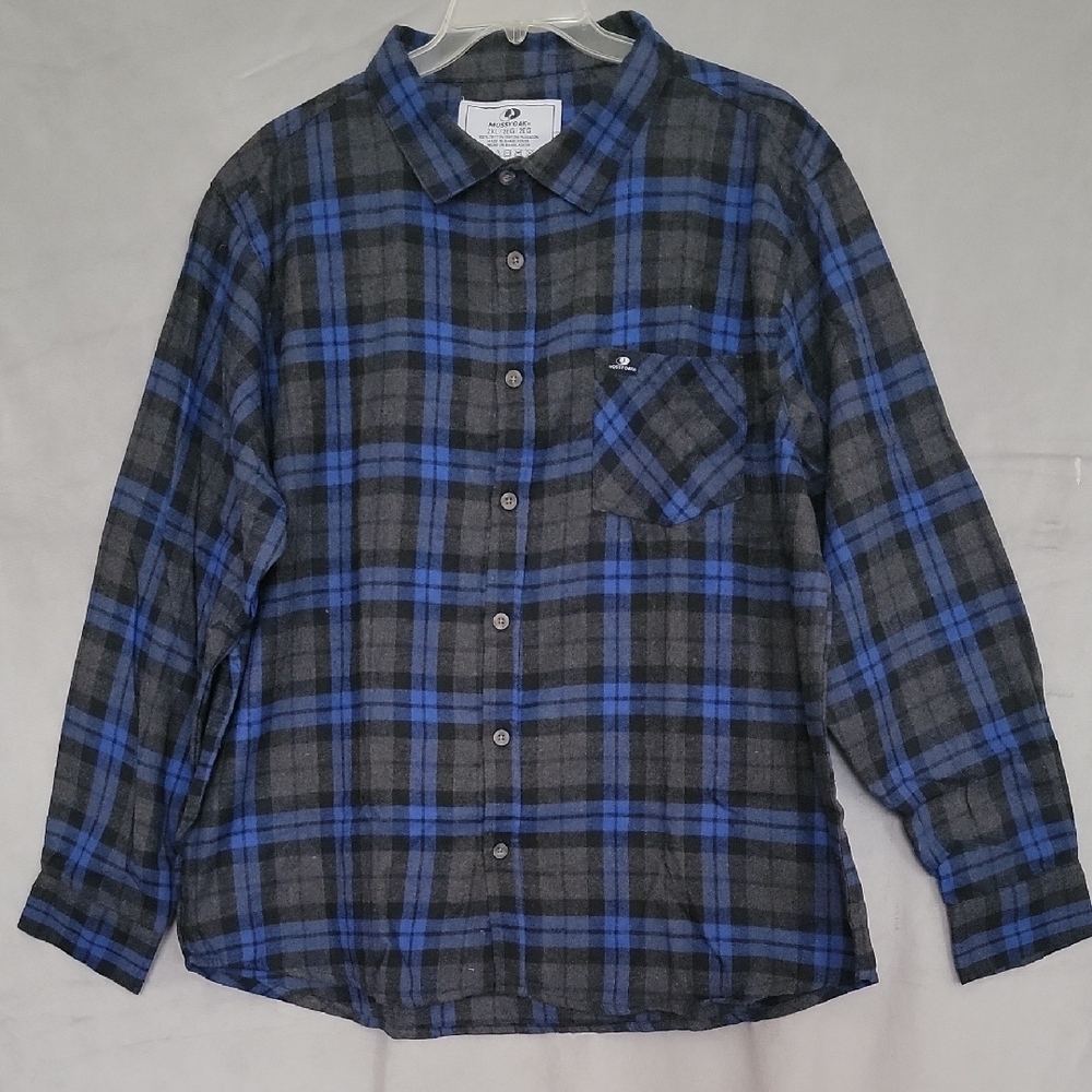 Plaid Button-Up Cotton Shirt - Black and Blue, Size 2XL, Long Sleeves